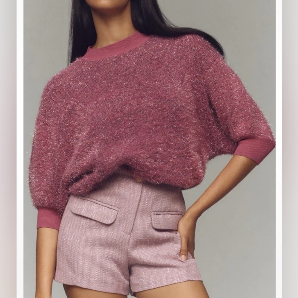 Anthropologie MAEVE Textured Tinsel 3/4 Sleeve Preppy Sweater
